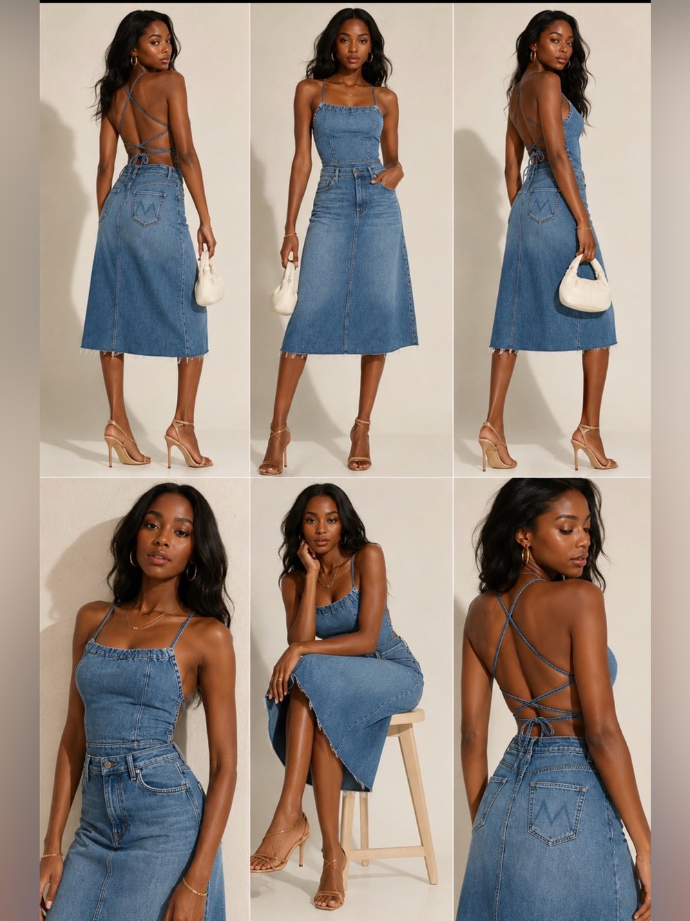 NWT MOTHER The Back Open Lace-Up Premium Denim Midi Dress Size 27 Light Wash